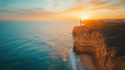 Poster - Lighthouse on a cliff at sunset