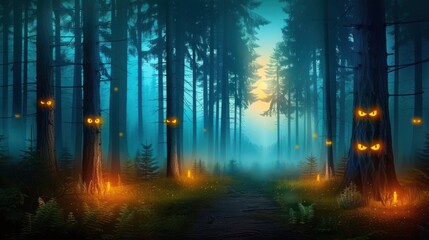 Wall Mural - Mysterious Forest Path with Glowing Eyes in Trees