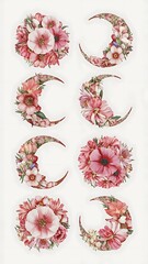  Set of watercolor floral compositions (round and crescent moon), isolated illustrations on a white background