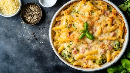 Wall Mural - Pasta casserole with romanesco cabbage and ham in creamy sauce ready for bake,Generative AI 