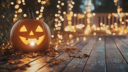 Sticker - Jack o  lantern with glowing light on wooden porch with autumn leaves