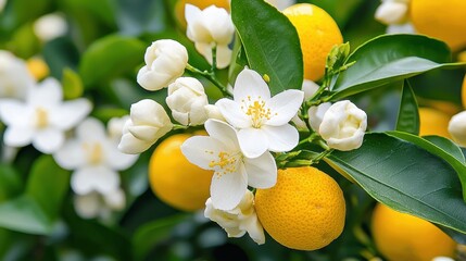 white citrus blossoms and ripe fruit on branch