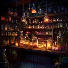 Enchanting Witch's Apothecary Shop with Glowing Potions and Mystical Artifacts