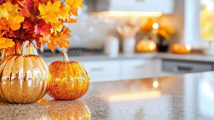 Canvas Print - Autumn Kitchen Decor   Gold Pumpkins and Fall Leaves on Countertop