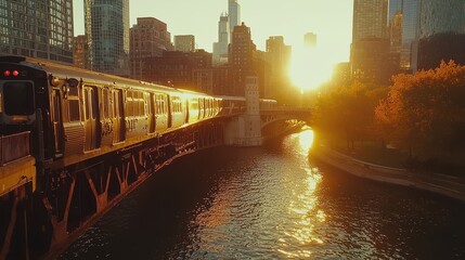 Wall Mural - Train Crossing River Bridge at Sunset in Cityscape