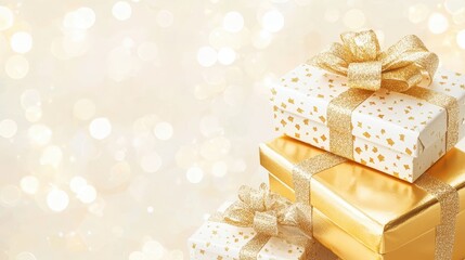 Poster - Festive Gift Boxes with Gold Ribbon and Bows on Sparkling Background