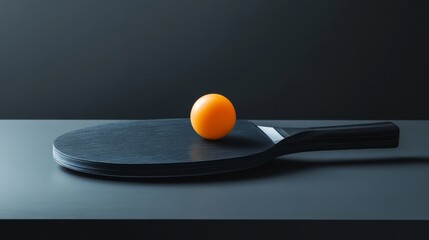 Table tennis paddle with orange ball on dark surface, minimalist sports equipment concept