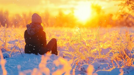 Poster - Woman in Winter Landscape  Sunset  Snowy Field  Golden Hour  Nature   Peaceful