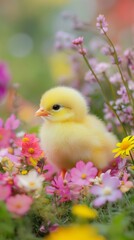 cute yellow duckling in colorful spring flowers, adorable animal portrait. nature and innocence conc