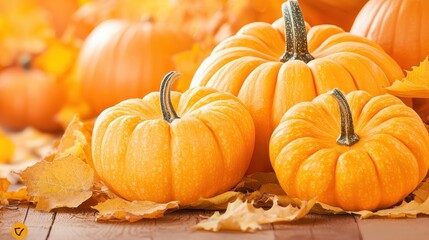 Sticker - Autumn Pumpkins with Fall Leaves on Wooden Table