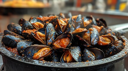 Steaming mussels in a pot with a red sauce.