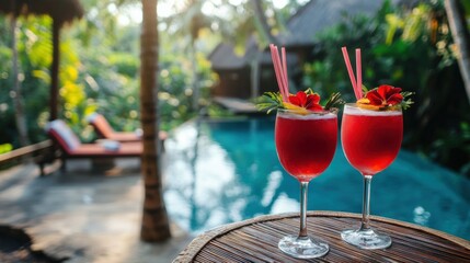 Wall Mural - Two tropical cocktails by the pool