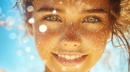 Wall Mural - Closeup of Woman s Face with Sparkling Skin and Glowing Eyes