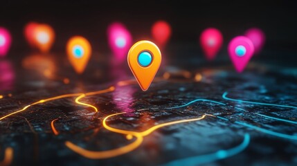 Poster - Colorful map with glowing location pins, digital navigation. Technology and travel concept