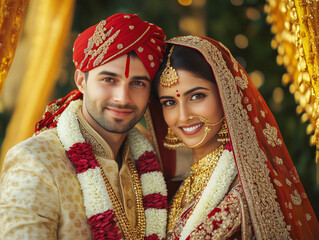 Indian Couple in Traditional Dress Celebrating Wedding Ceremony