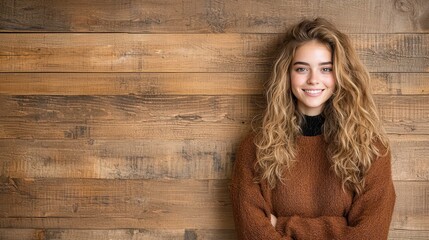 Canvas Print - Beautiful Woman with Long Blonde Hair Smiling in Brown Knit Sweater Against Wooden Wall