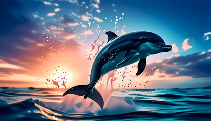 Wall Mural - A graceful dolphin leaps from the ocean as the sun sets, creating a captivating and serene scene. This beautiful moment captures the essence of marine life and natural beauty, perfect for themes of