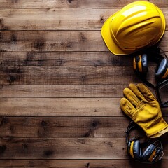 Safety Gear on Wooden Table for Construction Work