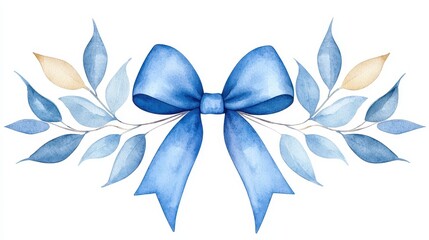 Poster - Watercolor Blue Bow with Delicate Blue and Yellow Leaves