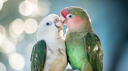 Two Parrots Cuddling, One Green and White and the Other Green and Pink