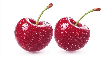 Wall Mural - Fresh Red Cherries with Water Drops Isolated on White Background