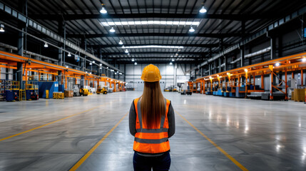 Wall Mural - A female worker wearing a hard hat and safety vest stands in a large, empty warehouse, surveying the industrial space.