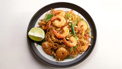 Wall Mural - Delicious Pad Thai with Shrimp and Lime Wedge