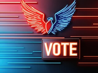 Dynamic neon artwork promoting civic engagement with vibrant wings and the message 'Vote' against a sleek background.