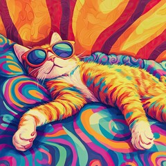 Colorful Relaxing Cat with Sunglasses on Vibrant Background