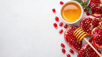 Wall Mural - Pomegranate and Honey on White Background