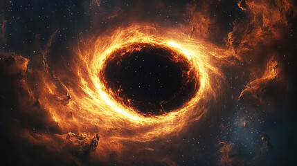 A black hole at the center of space, swirling cosmic dust and gas around it, vibrant orange and yellow colors, dramatic lighting