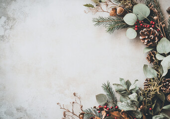 A rustic wreath made of evergreen branches and holly hangs as a beautiful eco-friendly decoration. 