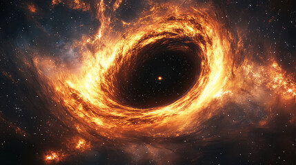 A black hole at the center of space, swirling cosmic dust and gas around it, vibrant orange and yellow colors, dramatic lighting