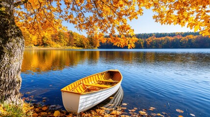 Canvas Print - Autumn Lake with Rowboat and Golden Fall Foliage