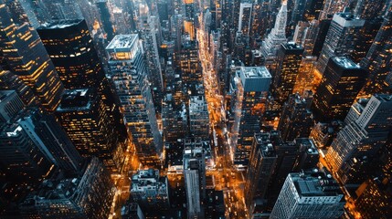 Poster - Aerial View of Cityscape at Night with Illuminated Buildings and Streets