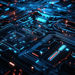 Futuristic Circuit Board with Neon Lights and High-Tech Design