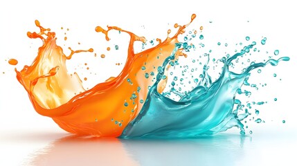 Wall Mural - 49. **A 3D depiction of a vibrant orange and teal water splash with energetic arcs and droplets, isolated on a pristine white background