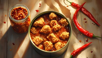 Warmly lit top view illustration of chili sauce jar alongside delicious nuggets