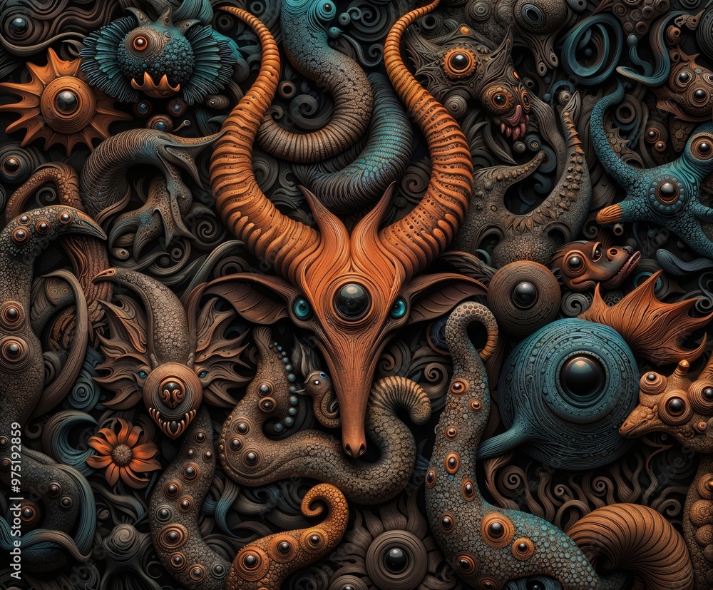 Intricate Surreal Fantasy Creatures with Horns and Tentacles in ...