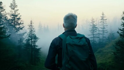 Wall Mural - man hiking through a serene forest at dawn with mist rising over the trees
