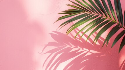 A serene palm leaf shadow serenely resting on a petal pink wall, evoking a sense of peace and tranquility.