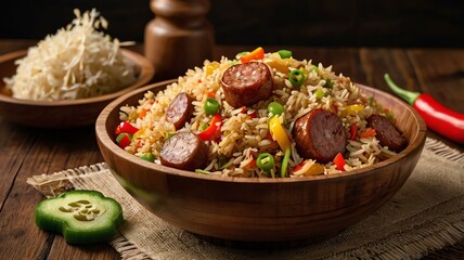 leonardo kino xl sausage and pepper fried rice fried rice wit served aesthetically in a wooden bowl and table