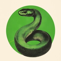 Wall Mural - A modern and sleek digital illustration of a snake coiled in a circle with geometric patterns and shapes in the background symbolizing harmony and balance with green and gold metallic accents