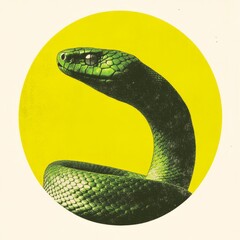 Wall Mural - A modern and sleek digital illustration of a snake coiled in a circle with geometric patterns and shapes in the background symbolizing harmony and balance with green and gold metallic accents