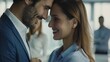 © LU - A couple in a modern office setting, discreetly exchanging smiles during a break, with blurred coworkers in the background. The scene captures the subtle connection and chemistry between them, emphasi