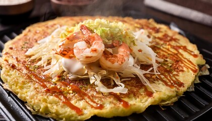 Wall Mural - Close-up of a Delicious Okonomiyaki with Shrimp and Cabbage