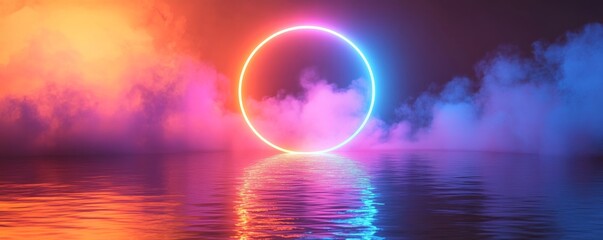 Canvas Print - Neon circle reflecting on water with colorful mist