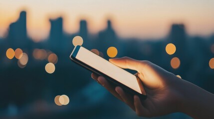 A hand holding a smartphone with a bright screen against a blurred city skyline at dusk with bokeh lights in the background..