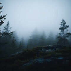 Poster - Misty forest landscape with rocky outcrop