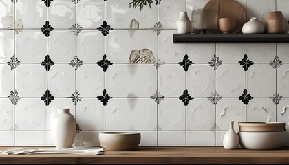 Elegant black and white patterned ceramic tiles showcasing intricate textile-inspired designs